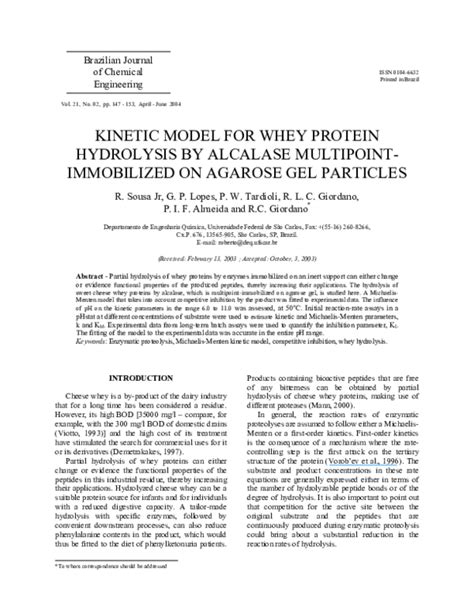 Pdf Kinetic Model For Whey Protein Hydrolysis By Alcalase Multipoint Immobilized On Agarose