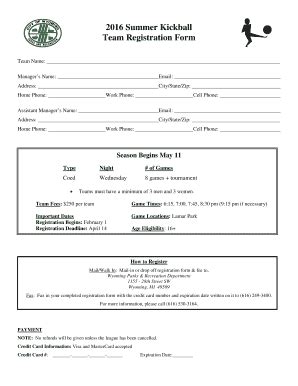 Fillable Online Wyomingmi 2016 Summer Kickball Team Registration Form