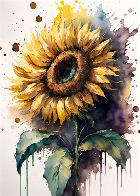 Watercolour Sunflower Poster Picture Metal Print Paint By Elly