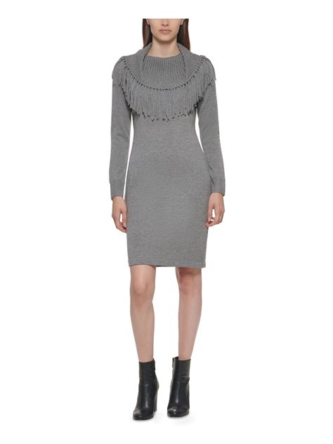 Calvin Klein Womens Gray Fringed Ribbed Neck And Cuffs Heather Long