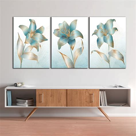 Quadros Decorativos Trio Em Canvas L Rios Azuis Detalhes Dourados