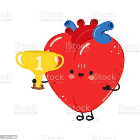 Cute Funny Heart Organ Hold Gold Trophy Cup Vector Hand Drawn Cartoon Kawaii Character