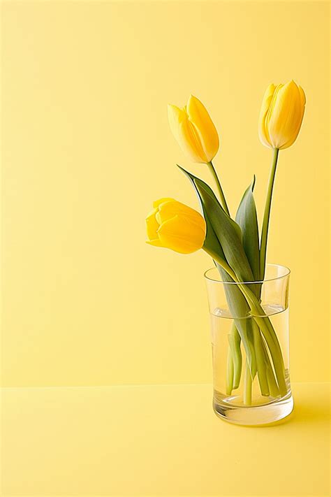 Yellow Tulips In A Glass Vase Next To Yellow Background Wallpaper Image