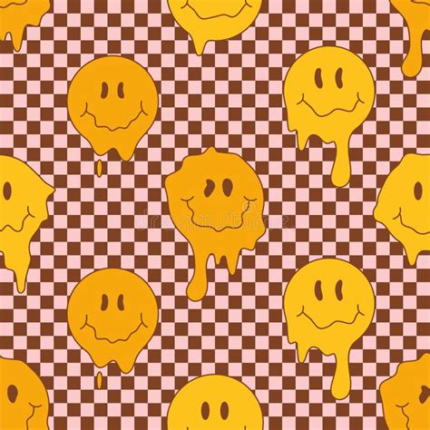 70s Retro Seamless Pattern With Hippie Groovy Melting Smile Faces Melting Smiles On