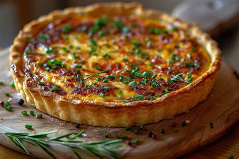 A Delicious French Quiche Lorraine On A Wooden Plate Stock Illustration