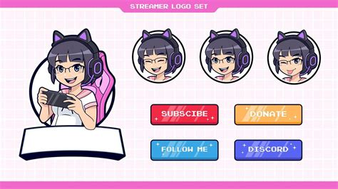 Cute Gamer Girl Mascot Logo Set With Icons And Badges For Streaming