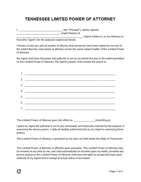 Free Tennessee Limited Power Of Attorney Form Pdf Word Rtf