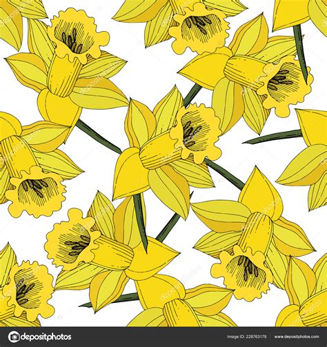 Vector Narcissus Flowers Yellow Engraved Ink Art Seamless Pattern