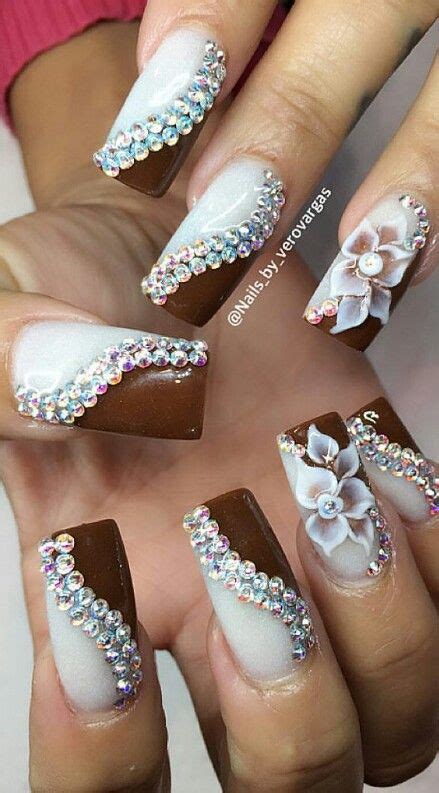 Swirling White Brown Swirl Rhinestone Nails Design Nails By Verovargas