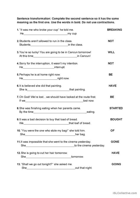 Sentence Transformation B2 Sentence English ESL Worksheets Pdf Doc