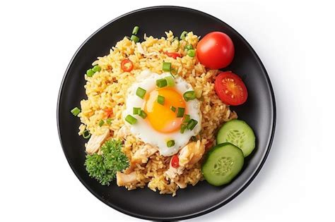 Premium Photo A Black Plate Topped With Rice And A Fried Egg