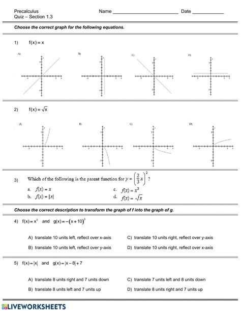 Quiz Transformations Of Parent Graphs Worksheet Live Worksheets