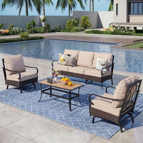 Phi Villa Brown Rattan Seat Piece Steel Outdoor Patio Conversation