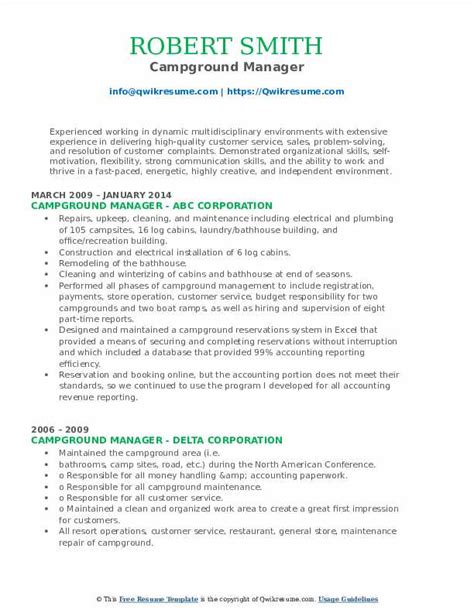 Campground Manager Resume Samples Qwikresume