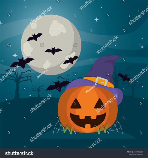 Happy Pumpkin Wearing Witch Hat Bats Stock Vector Royalty Free