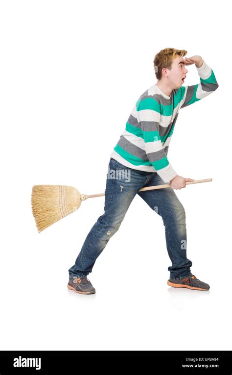 Funny Man With Mop Isolated On White Stock Photo Alamy