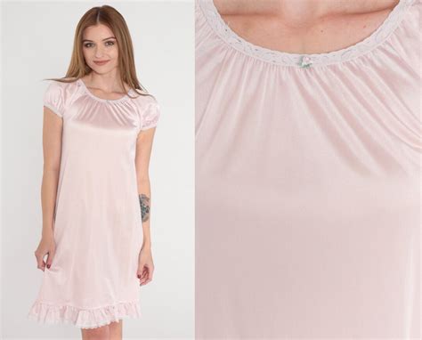 Pink Nightgown S Lingerie Mini Dress Lace Trim Sleep Lounge Dress Short Cap Sleeve Nightie