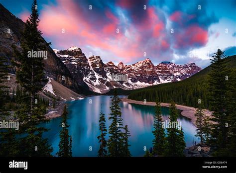 Dramatic Sunrise At Moraine Lake In Banff Alberta Canada Stock Photo