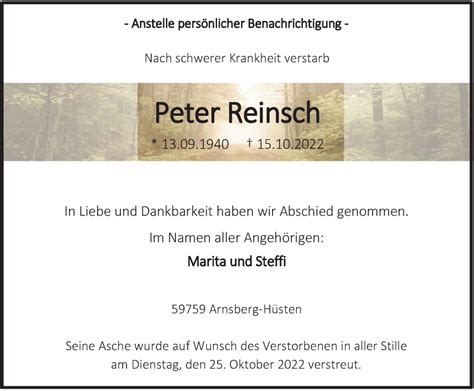 Traueranzeigen Von Peter Reinsch Trauer In Nrw De