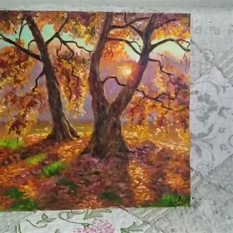 Fall Oak Tree Painting Original Art Autumn Forest Lake National Park