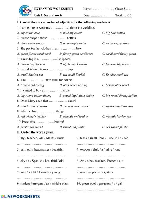 Order Of Adjectives Worksheets For Grade 5 With Answers