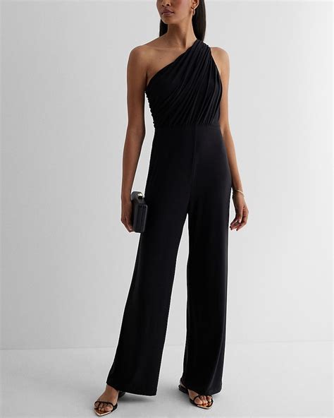 Express One Shoulder Ruched Wide Leg Jumpsuit In Pitch Black