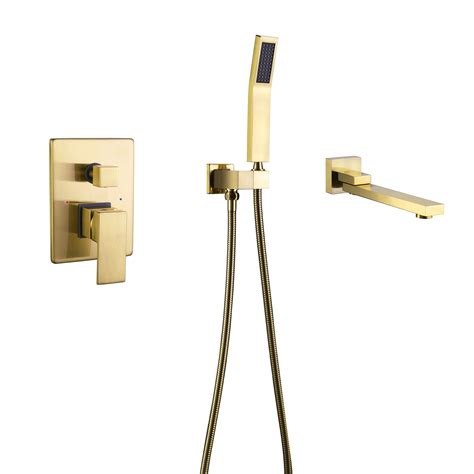 Double Handle Wall Mounted Bathroom Tub Filler With Hand Shower Brass