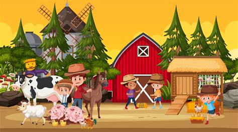 Farm scene with many kids cartoon character and farm animals 2384333 ...