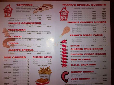 Menu at Frank's Pizza pizzeria, Winnipeg, Main St