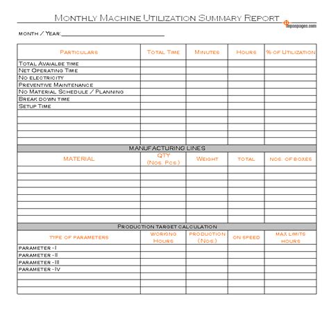 Monthly Machine Utilization Summary Report Format