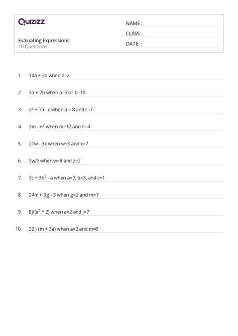 50 Evaluating Expressions Worksheets For 6th Grade On Quizizz Free And Printable