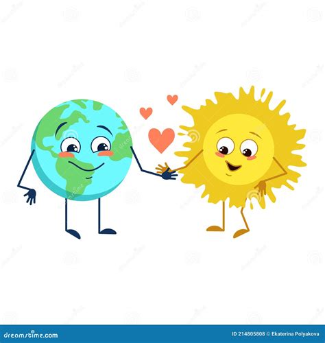 Set Of Cute Character Of Planet Earth And Sun With Different Emotions