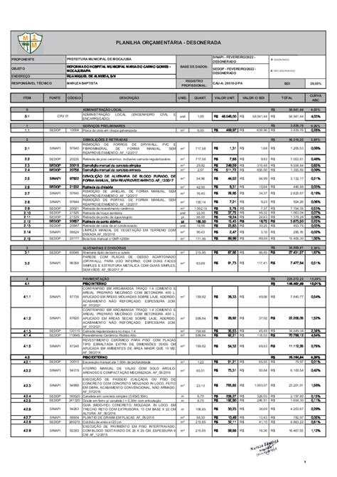 Planilha De Or Amento Elaborada Pela Administra O Em Pdf Assinado