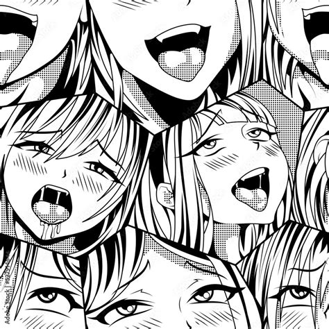 Black Vector Seamless Pattern With Ahegao Face Emotion Illustration