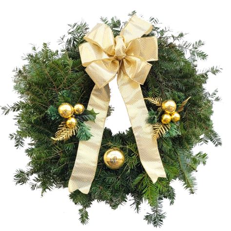 Fresh Balsam Fir Decorated Gold Hanging Wreath Van Putte Gardens