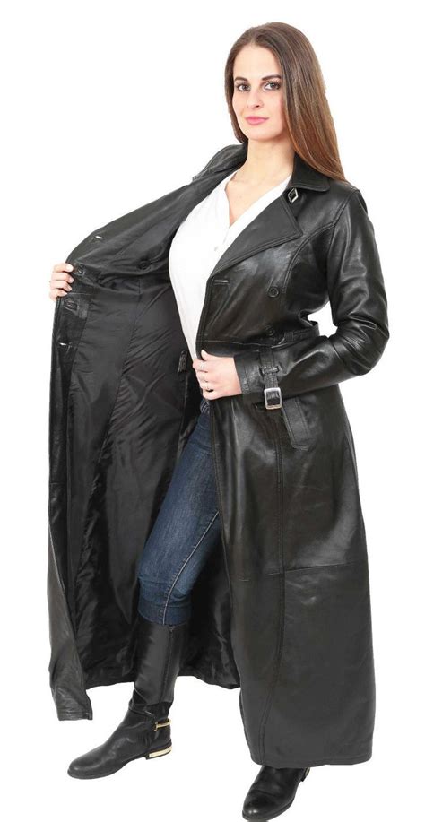 Womens Long Black Leather Coat Liv Overall Length Double Breasted Trench Jacket New Eb