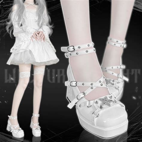 Pentacle White High Block Heel Punk Shoes Silver Tone Studs