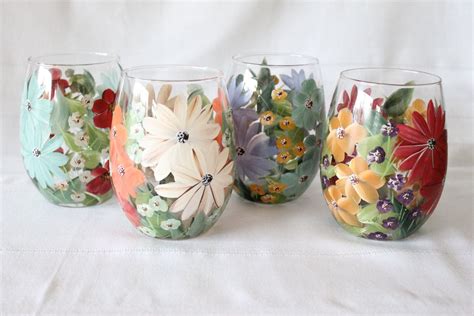 Stemless Wine Glasses Hand Painted Floral Mixed Flowers Hand