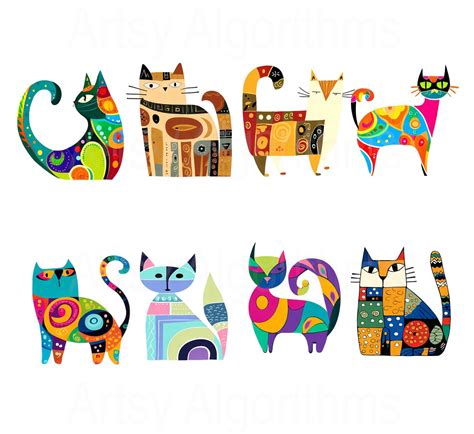 Folk Art Cats Colorful Cats Clipart Whimsical Cats Transparent Png