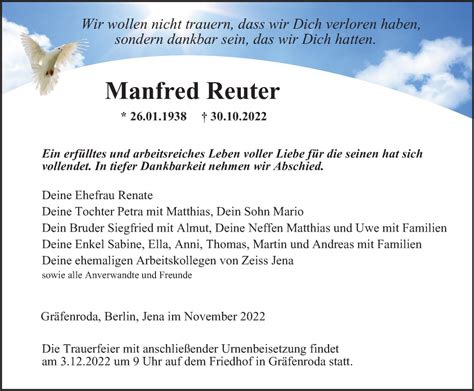 Traueranzeigen Von Manfred Reuter Trauer In Thueringen De