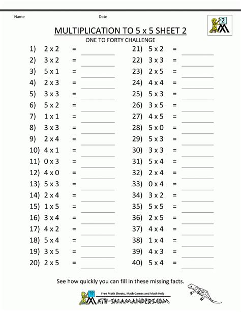 Multiplication Worksheets 5S PrintableMultiplication 2nd Grade Math