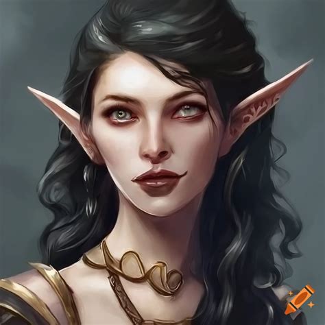 Portrait Of A Beautiful Female Elf With Black Wavy Hair And Grey Eyes