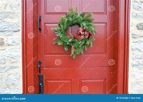 Antique Red Door With Wreath Stock Photo Image Of Greenery Door 7616380