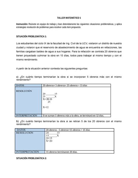Taller Matemático N 1 TALLER MATEMÁTICO 1 Instrucción Reúnete en