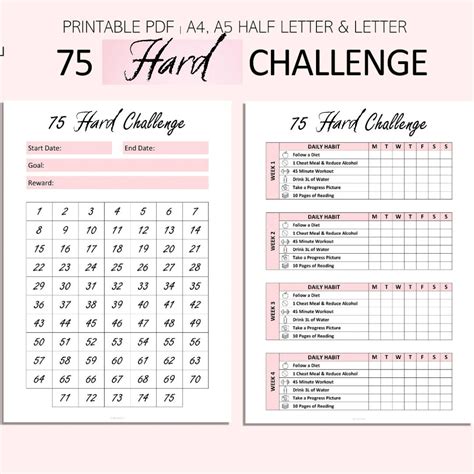 75 Hard Challenge Tracker 75 Day Challenge Printable Weight Loss