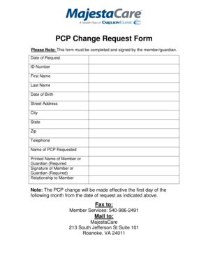 Fillable Online Pcp Change Request Form Majestacare Fax Email Print