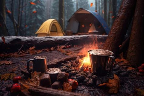 Premium Ai Image Campfire Hot Chocolate Surrounded By Nature Trees And Tents Created With