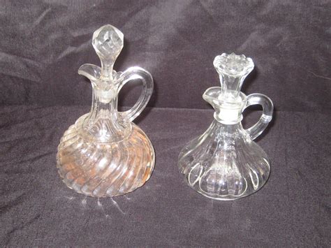 Antique Clear Glass Cruets Glass Stoppers Oil Vinegar Jar Mid Century 50s 60s Kitchen