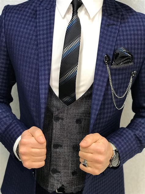 Buy Blue Slim Fit Plaid Wool Suit By Gentwith With Free Shipping