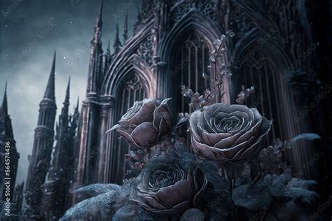 Roses draped with epic frost fantasy magical with gothic church ...